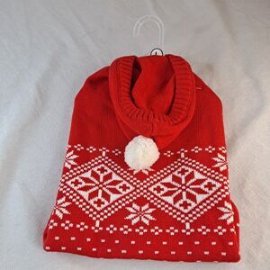 Simply Dog Christmas Sweater Sz Lg Pom Pom Hooded Snowflake Red/White